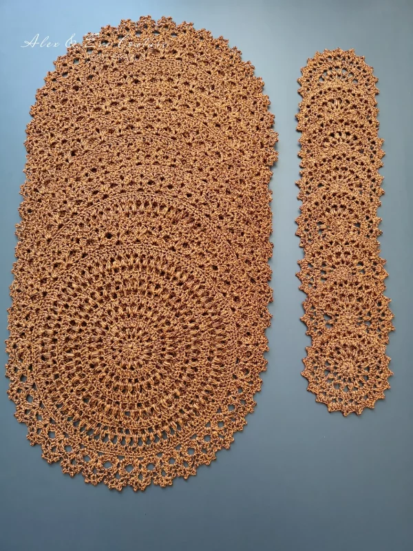 Handmade cotton table placemats – Golden mix (brown/orange) – Set of 8 table mats with coasters