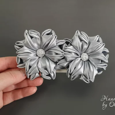Kanzashi silver flower hair ties – Sold in pair
