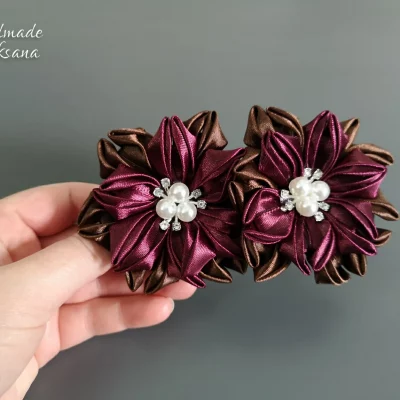 Kanzashi burgundy flower hair ties – Sold in pair