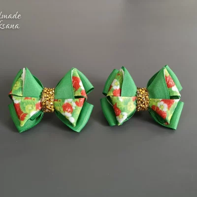 Kanzashi green bow hair ties – Sold in pair