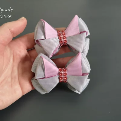 Kanzashi grey/pink bow hair ties – Sold in pair