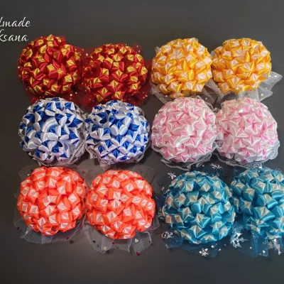 Kanzashi globular dahlia hair ties – Variety of colors – Sold in pairs