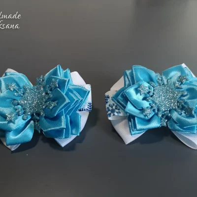 Kanzashi winter bow hair ties – Snowflakes – Sold in pair