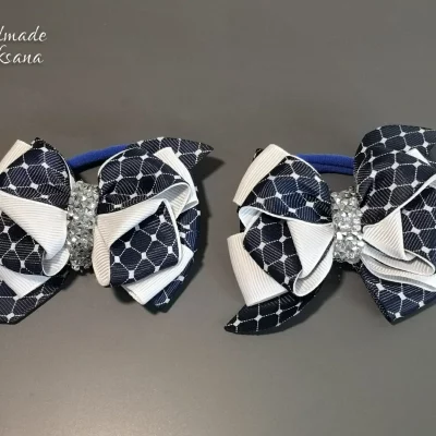 Kanzashi dark blue/white bow hair ties – Sold in pair