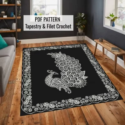 Flower Peacock – Tapestry & Filet Crochet Pattern or Cross Stitch Design